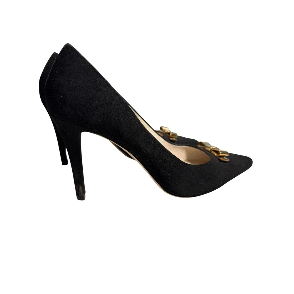 Michael Kors Womens Black Suede Pointed Toe Bow Pumps Gold Hardware Size 8M
